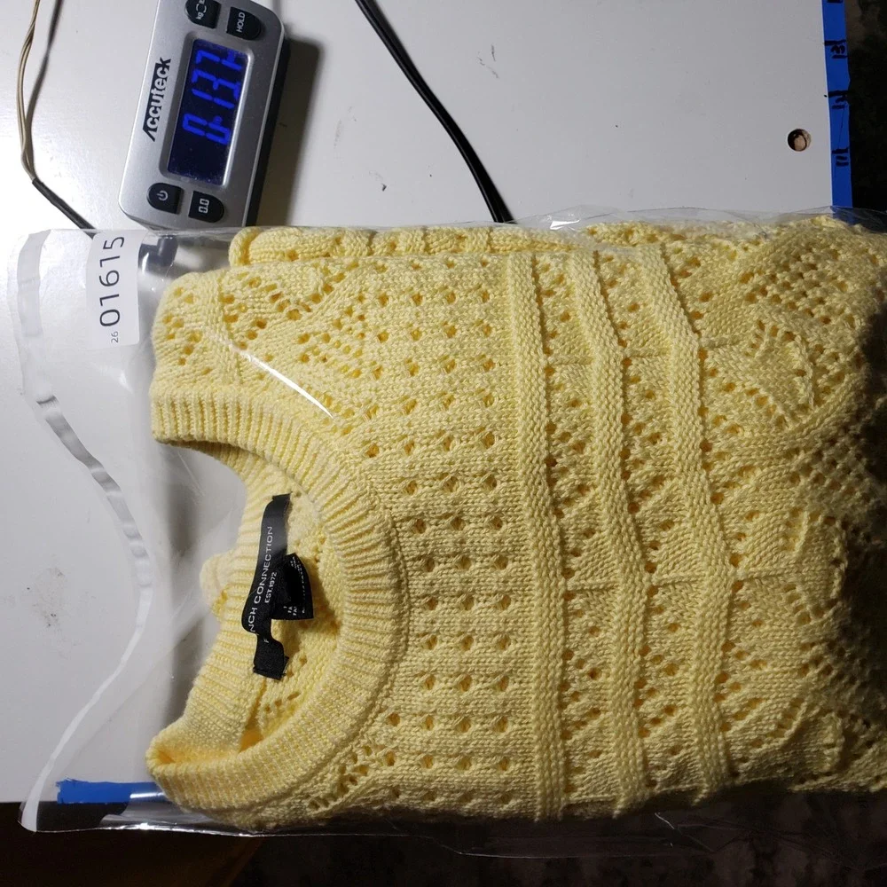 French Connection L Yellow Pointelle Knit Sweater‎ Scalloped Hem Bell Sleeve Top